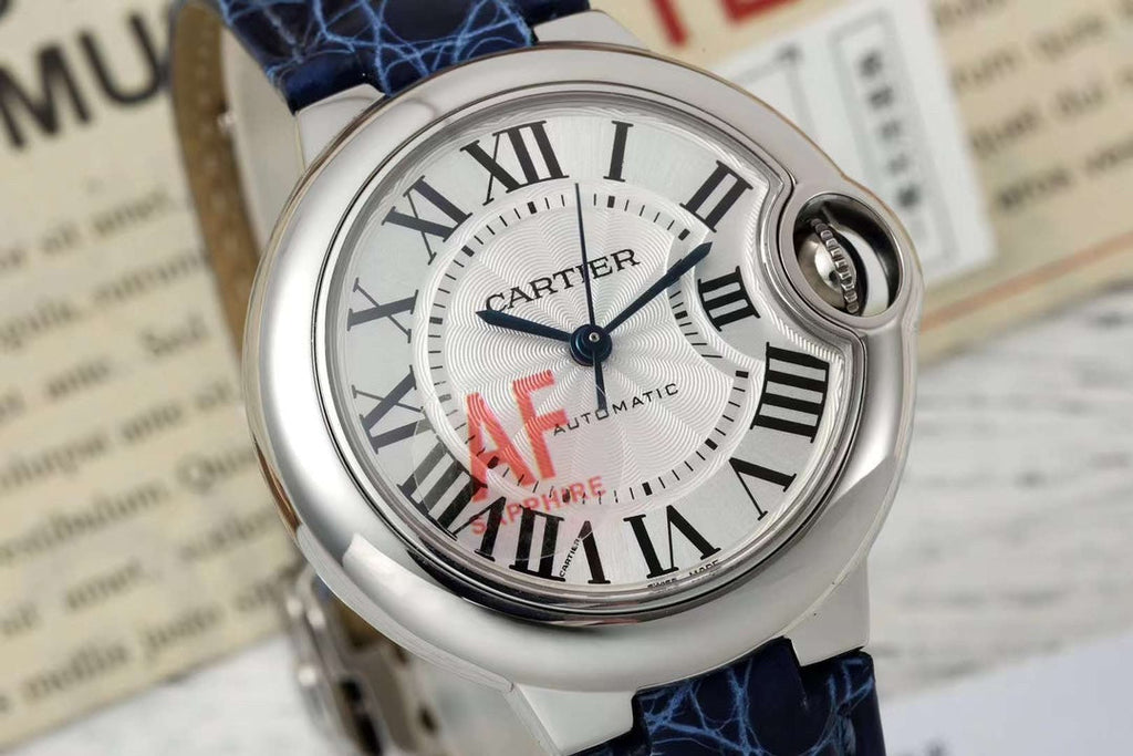 BALLON BLEU DE CARTIER 33 MM WATCH SILVER CASE WITH COBALT BLUE LEATHER STRAP