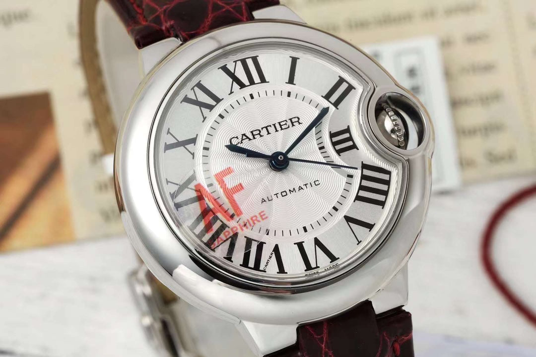 BALLON BLEU DE CARTIER 33 MM WATCH SILVER CASE WITH WINE RED LEATHER STRAP