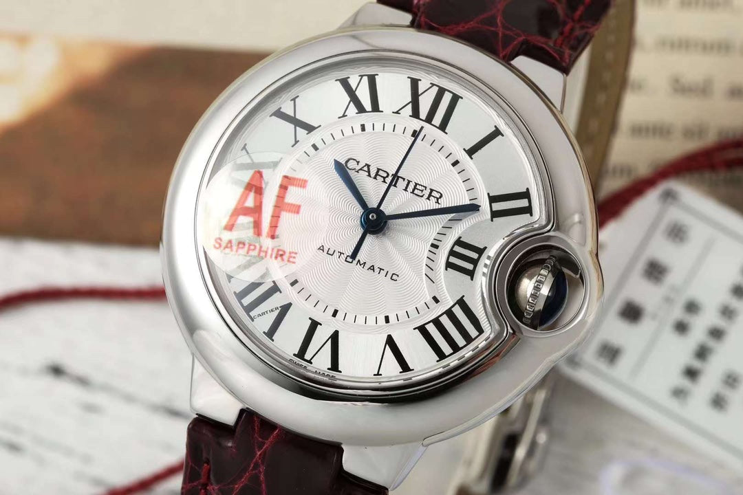 BALLON BLEU DE CARTIER 33 MM WATCH SILVER CASE WITH WINE RED LEATHER STRAP
