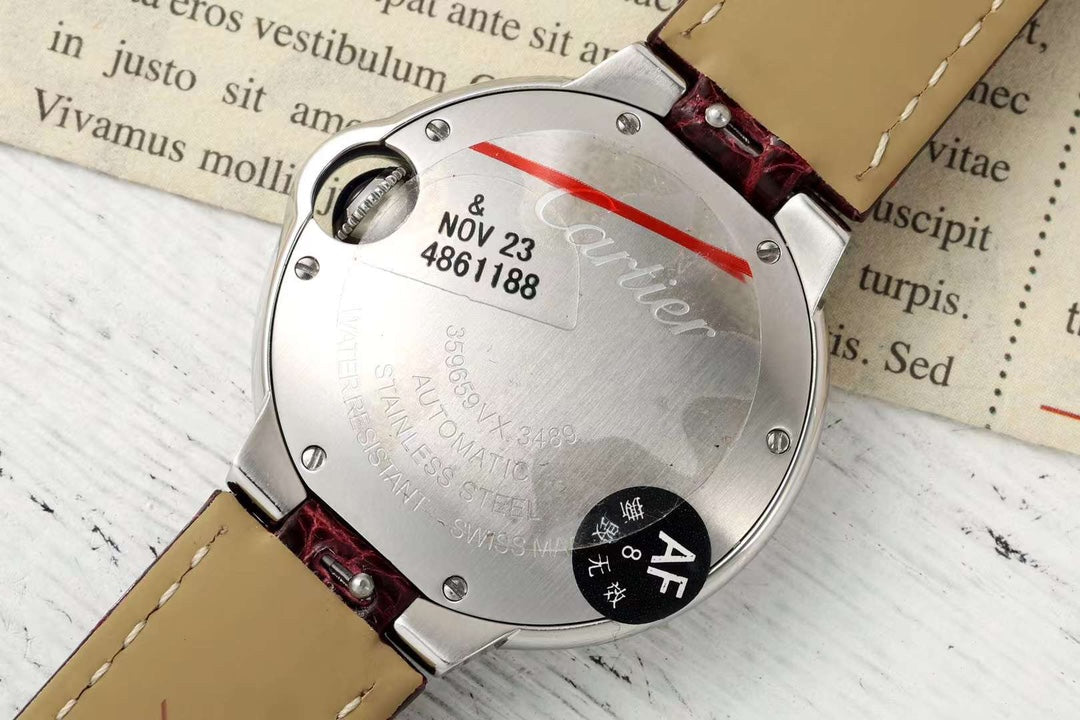 BALLON BLEU DE CARTIER 33 MM WATCH SILVER CASE WITH WINE RED LEATHER STRAP
