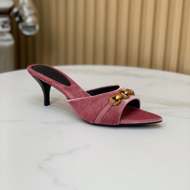 SL CHAIN ATTACH HEELED MULES BLUSH PINK VELVET
