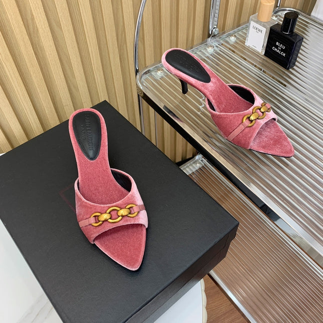 SL CHAIN ATTACH HEELED MULES BLUSH PINK VELVET