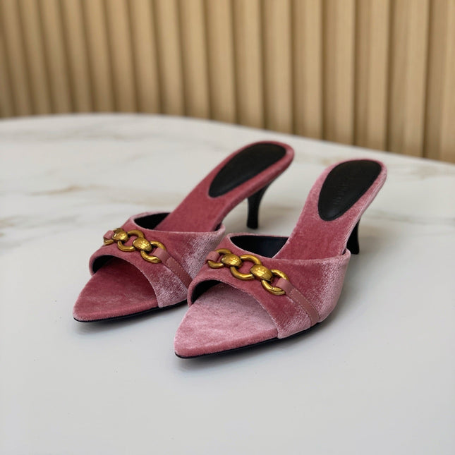 SL CHAIN ATTACH HEELED MULES BLUSH PINK VELVET