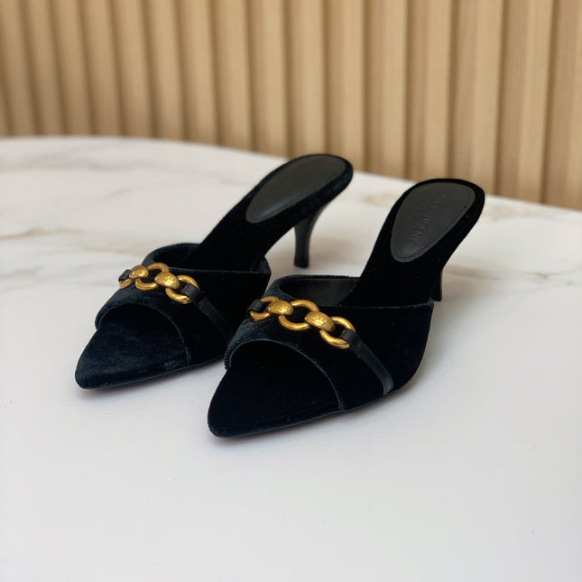 SL CHAIN ATTACH HEELED MULES BLACK VELVET