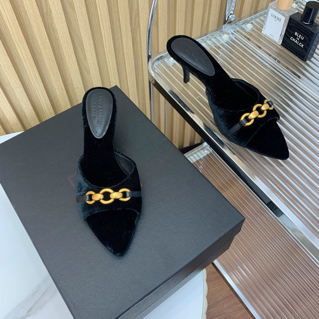 SL CHAIN ATTACH HEELED MULES BLACK VELVET