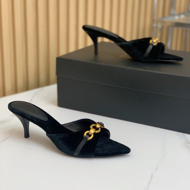 SL CHAIN ATTACH HEELED MULES BLACK VELVET