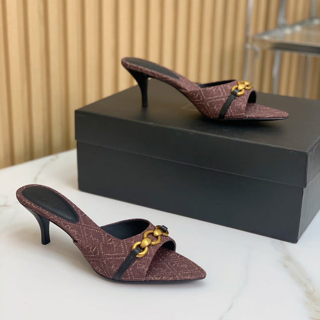 SL CHAIN ATTACH HEELED MULES BROWN DENIM