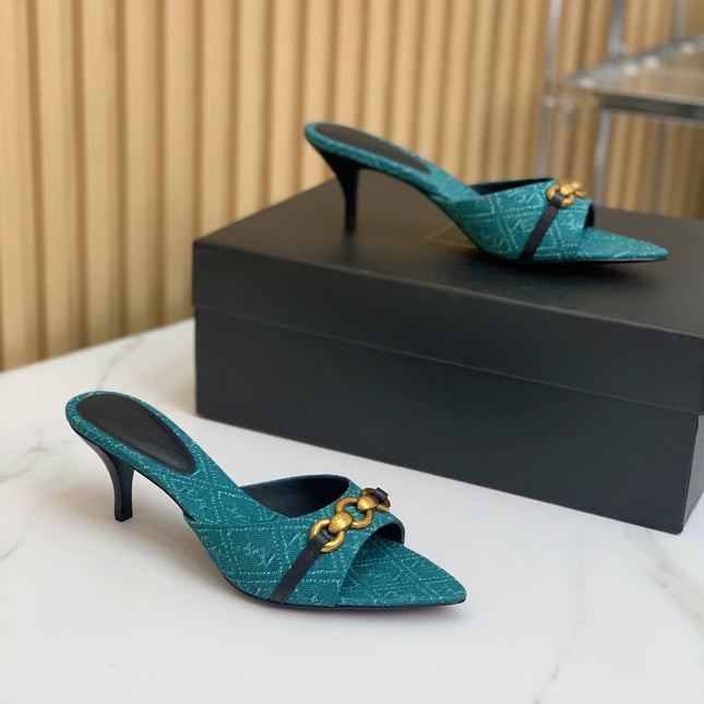 SL CHAIN ATTACH HEELED MULES SAPPHIRE DENIM
