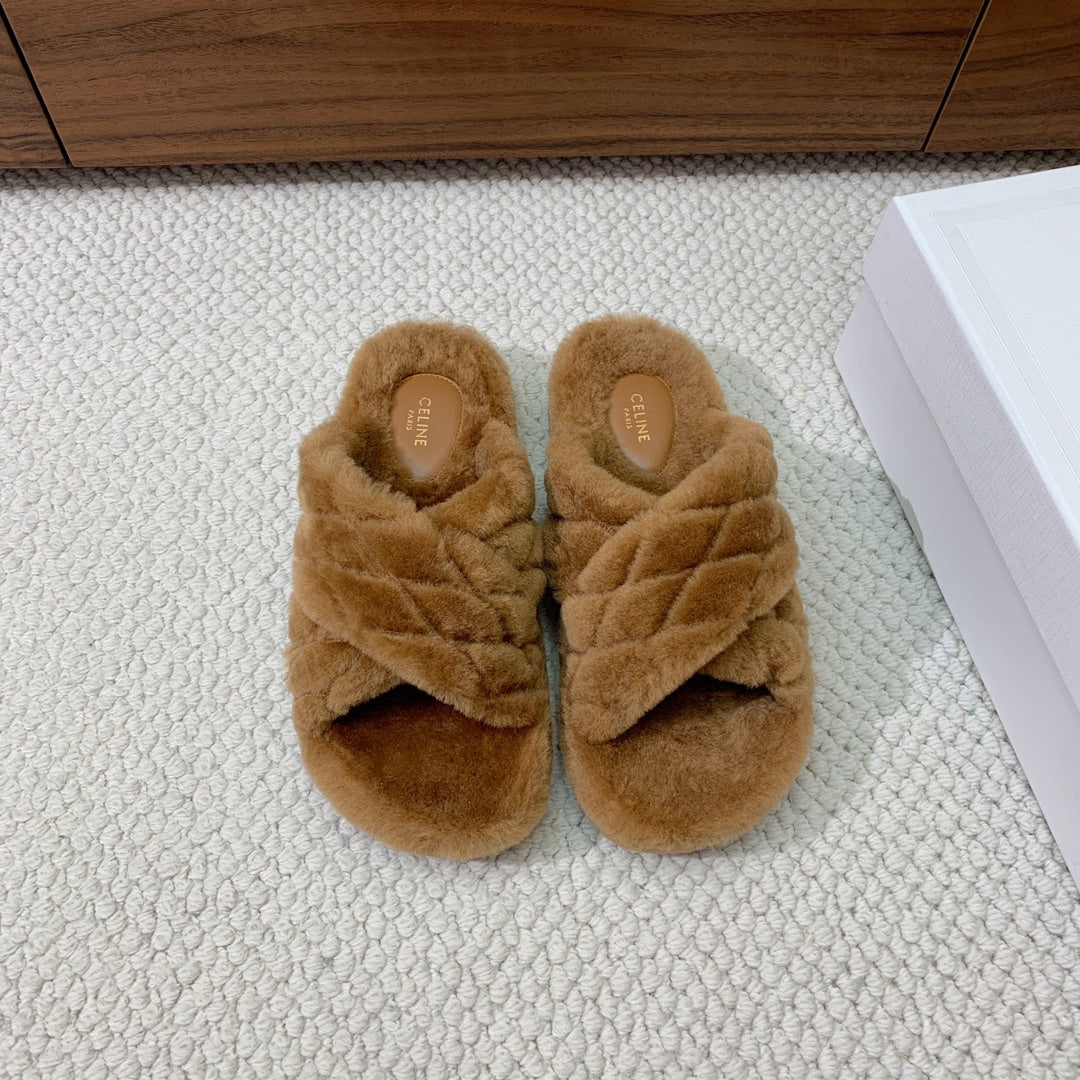 CELINE 26S CROSS-STRAP SANDALS IN BROWN WOOL