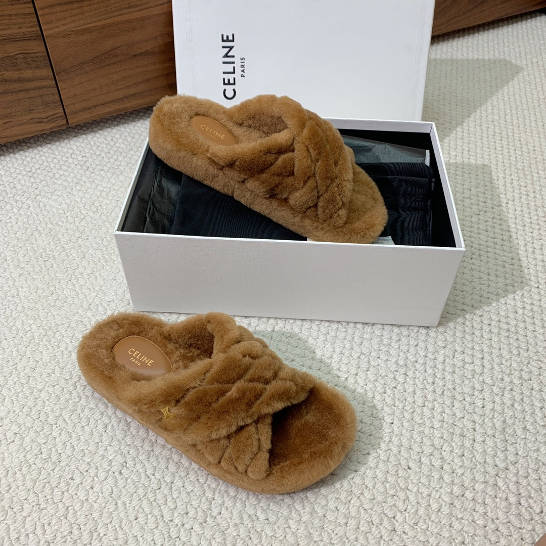 CELINE 26S CROSS-STRAP SANDALS IN BROWN WOOL