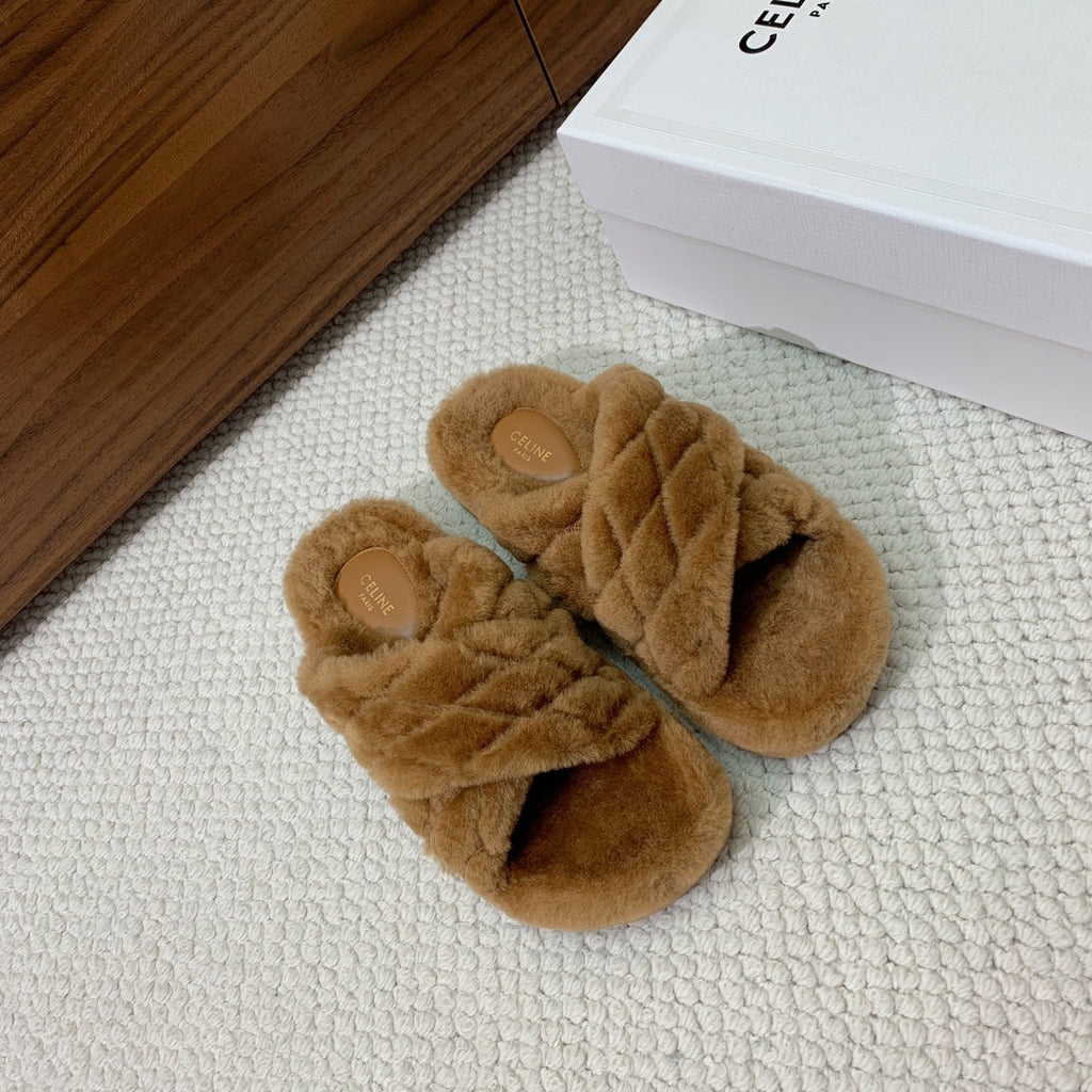 CELINE 26S CROSS-STRAP SANDALS IN BROWN WOOL