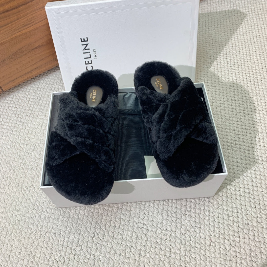 CELINE 26S CROSS-STRAP SANDALS IN BLACK WOOL