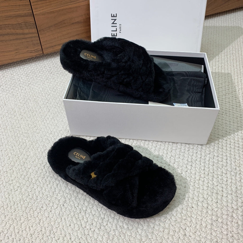 CELINE 26S CROSS-STRAP SANDALS IN BLACK WOOL