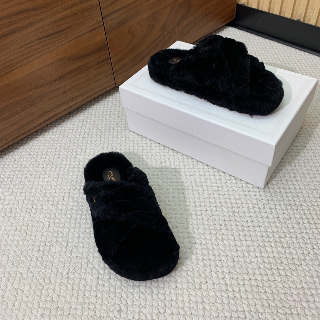 CELINE 26S CROSS-STRAP SANDALS IN BLACK WOOL