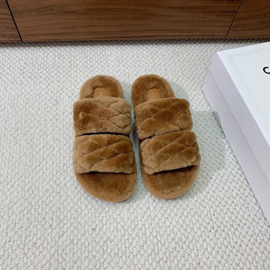 CELINE 26S TWO-STRAP QUILTED SANDALS IN BROWN WOOL