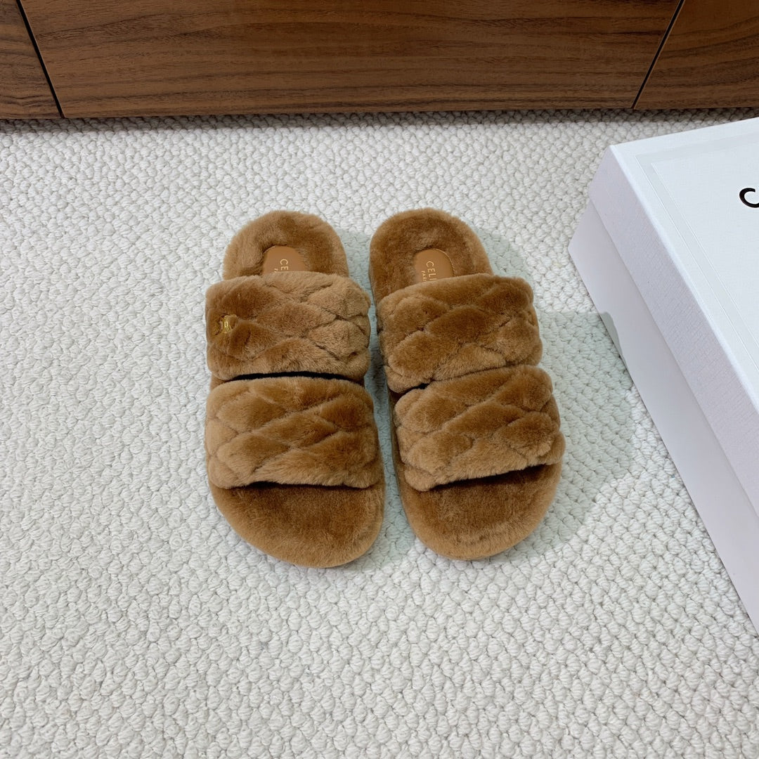 CELINE 26S TWO-STRAP QUILTED SANDALS IN BROWN WOOL