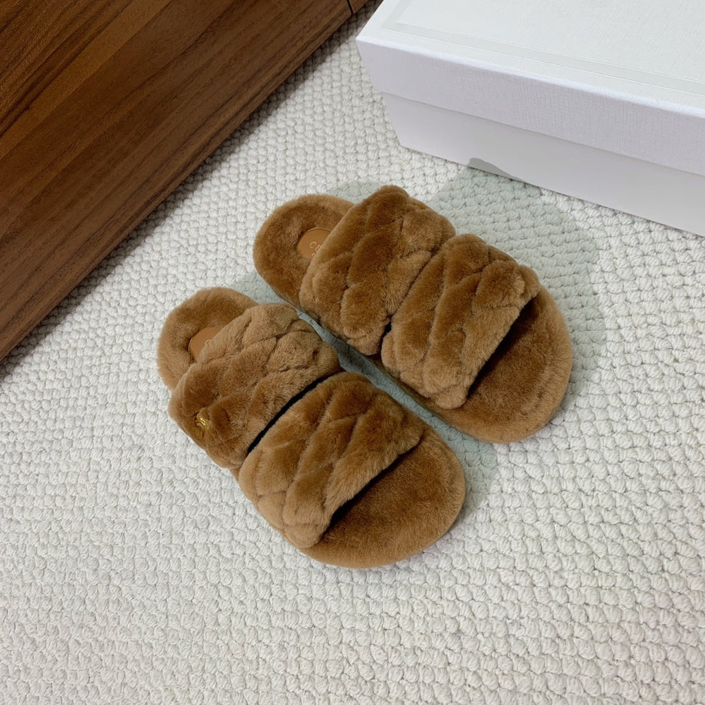 CELINE 26S TWO-STRAP QUILTED SANDALS IN BROWN WOOL