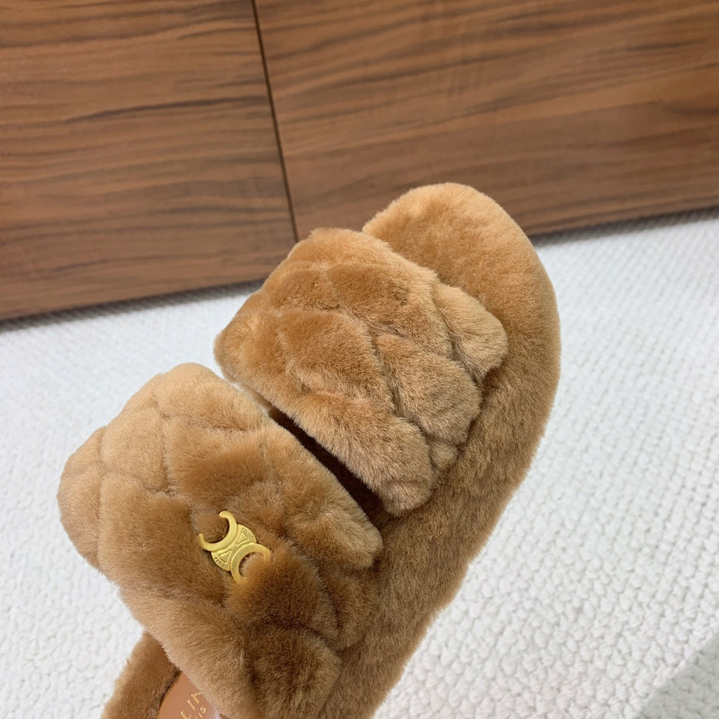 CELINE 26S TWO-STRAP QUILTED SANDALS IN BROWN WOOL