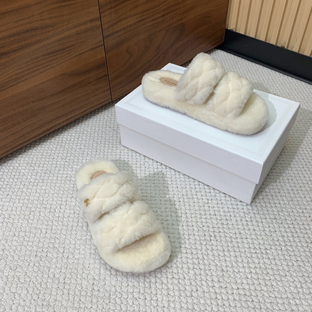 CELINE 26S TWO-STRAP QUILTED SANDALS IN WHITE WOOL