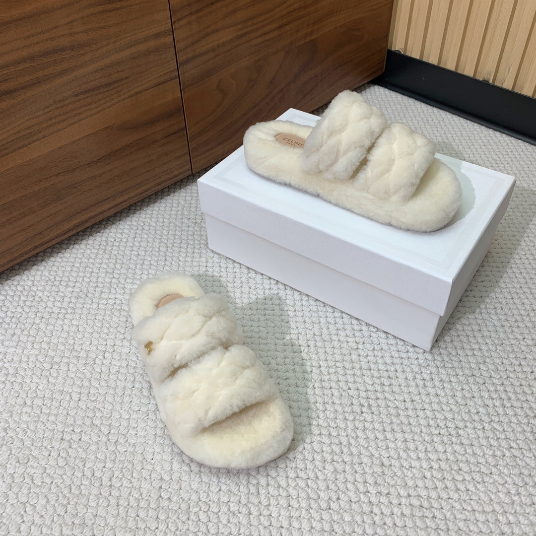 CELINE 26S TWO-STRAP QUILTED SANDALS IN WHITE WOOL