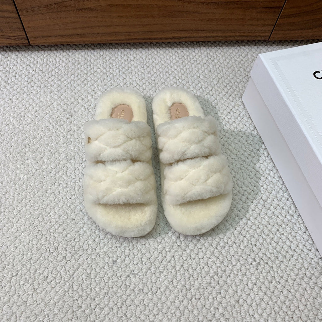 CELINE 26S TWO-STRAP QUILTED SANDALS IN WHITE WOOL