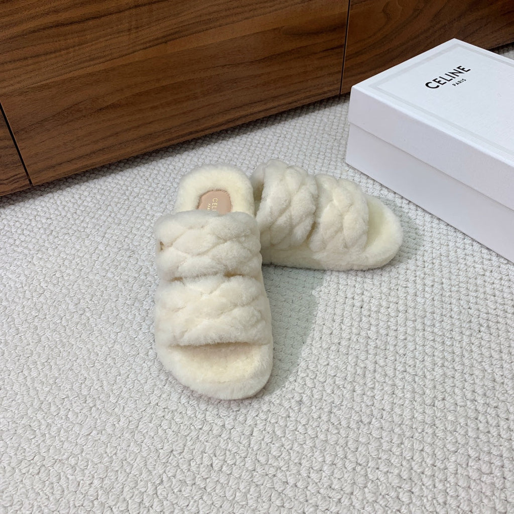 CELINE 26S TWO-STRAP QUILTED SANDALS IN WHITE WOOL