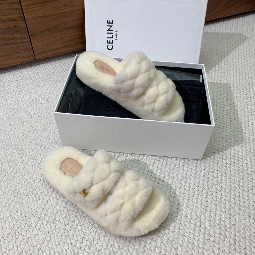 CELINE 26S TWO-STRAP QUILTED SANDALS IN WHITE WOOL