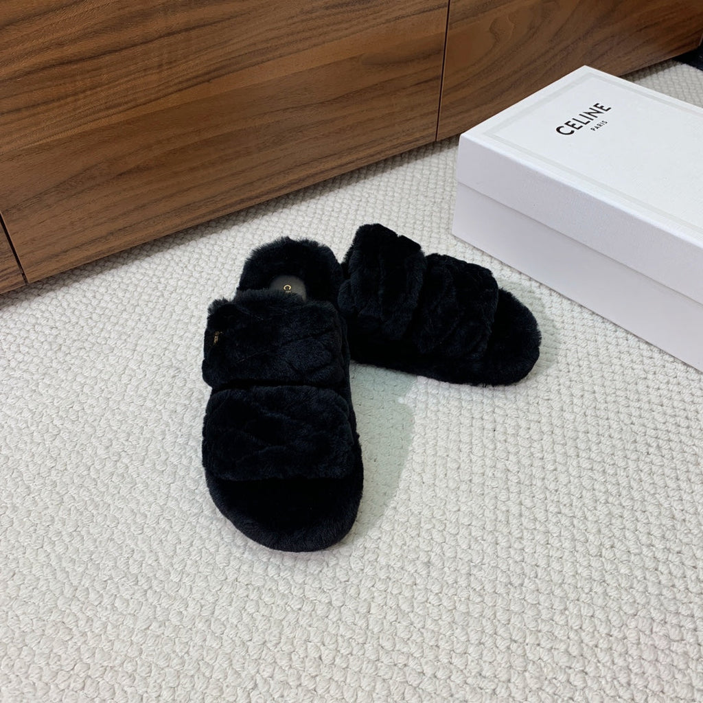 CELINE 26S TWO-STRAP QUILTED SANDALS IN BLACK WOOL