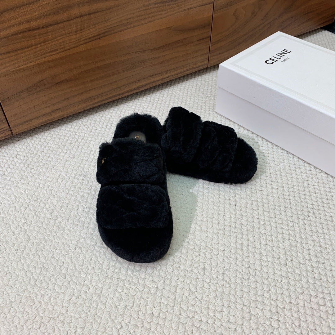 CELINE 26S TWO-STRAP QUILTED SANDALS IN BLACK WOOL