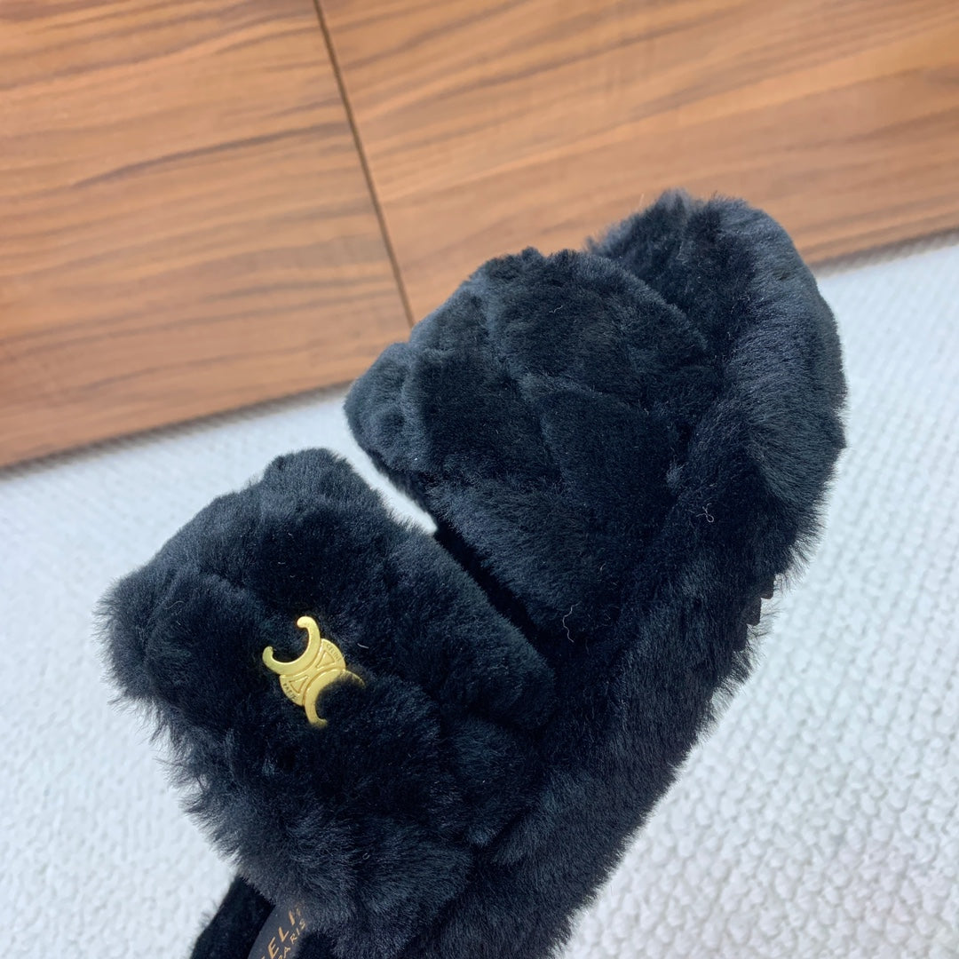 CELINE 26S TWO-STRAP QUILTED SANDALS IN BLACK WOOL