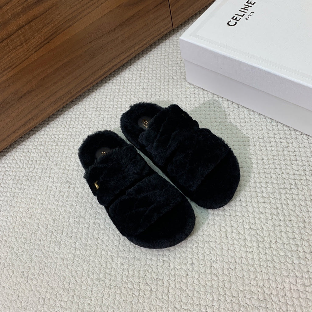 CELINE 26S TWO-STRAP QUILTED SANDALS IN BLACK WOOL