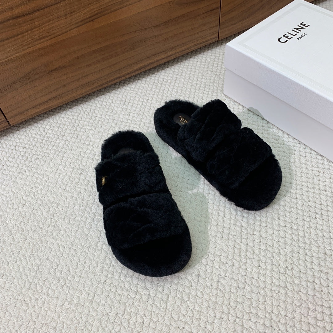 CELINE 26S TWO-STRAP QUILTED SANDALS IN BLACK WOOL