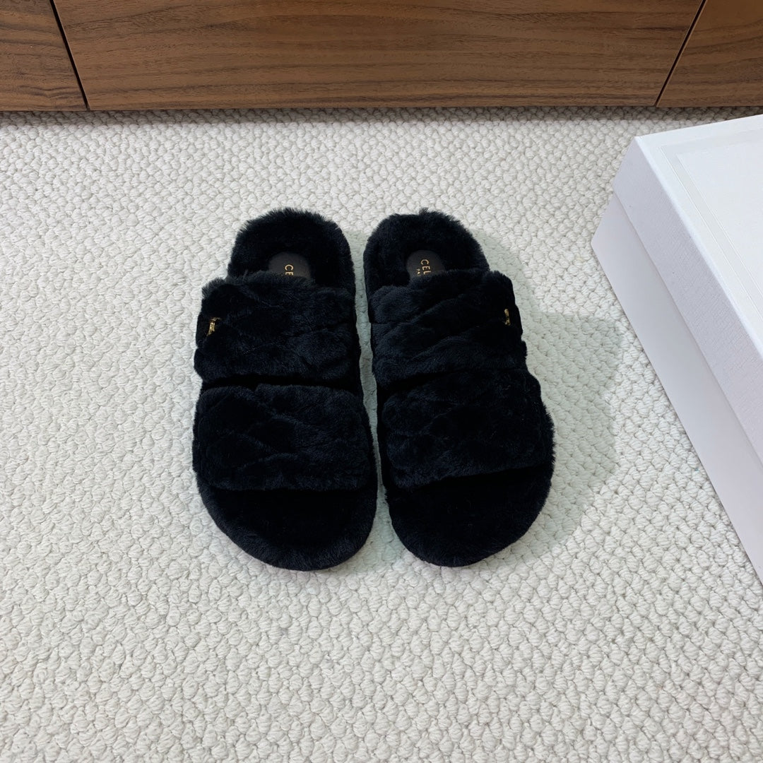 CELINE 26S TWO-STRAP QUILTED SANDALS IN BLACK WOOL