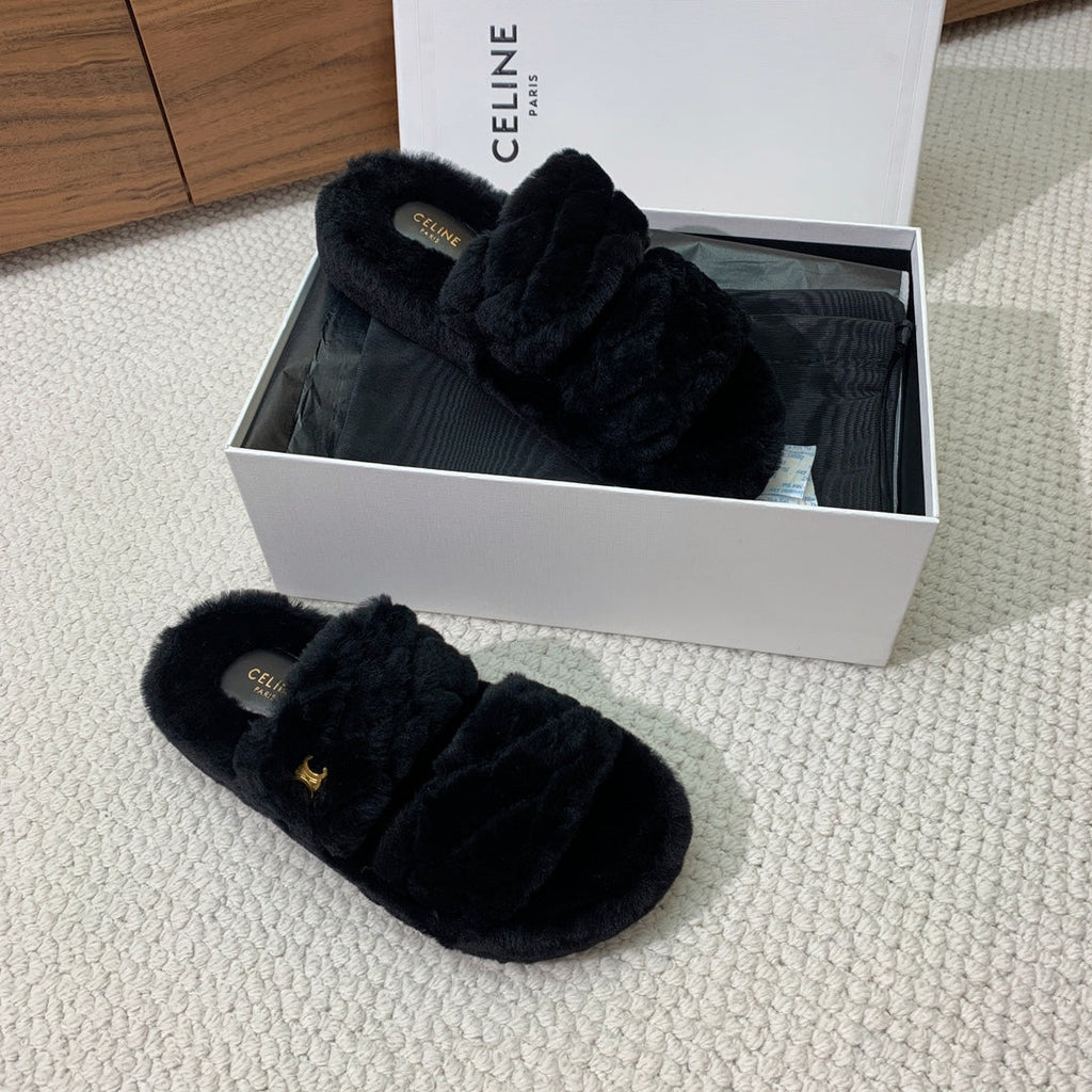 CELINE 26S TWO-STRAP QUILTED SANDALS IN BLACK WOOL