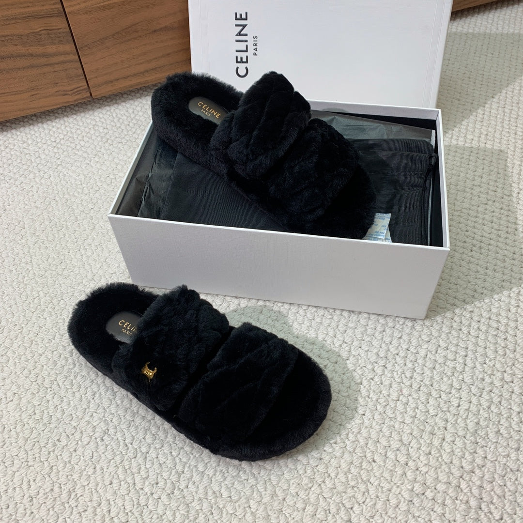 CELINE 26S TWO-STRAP QUILTED SANDALS IN BLACK WOOL