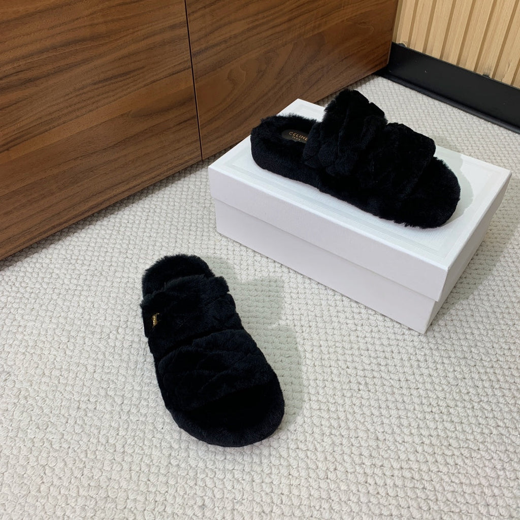 CELINE 26S TWO-STRAP QUILTED SANDALS IN BLACK WOOL