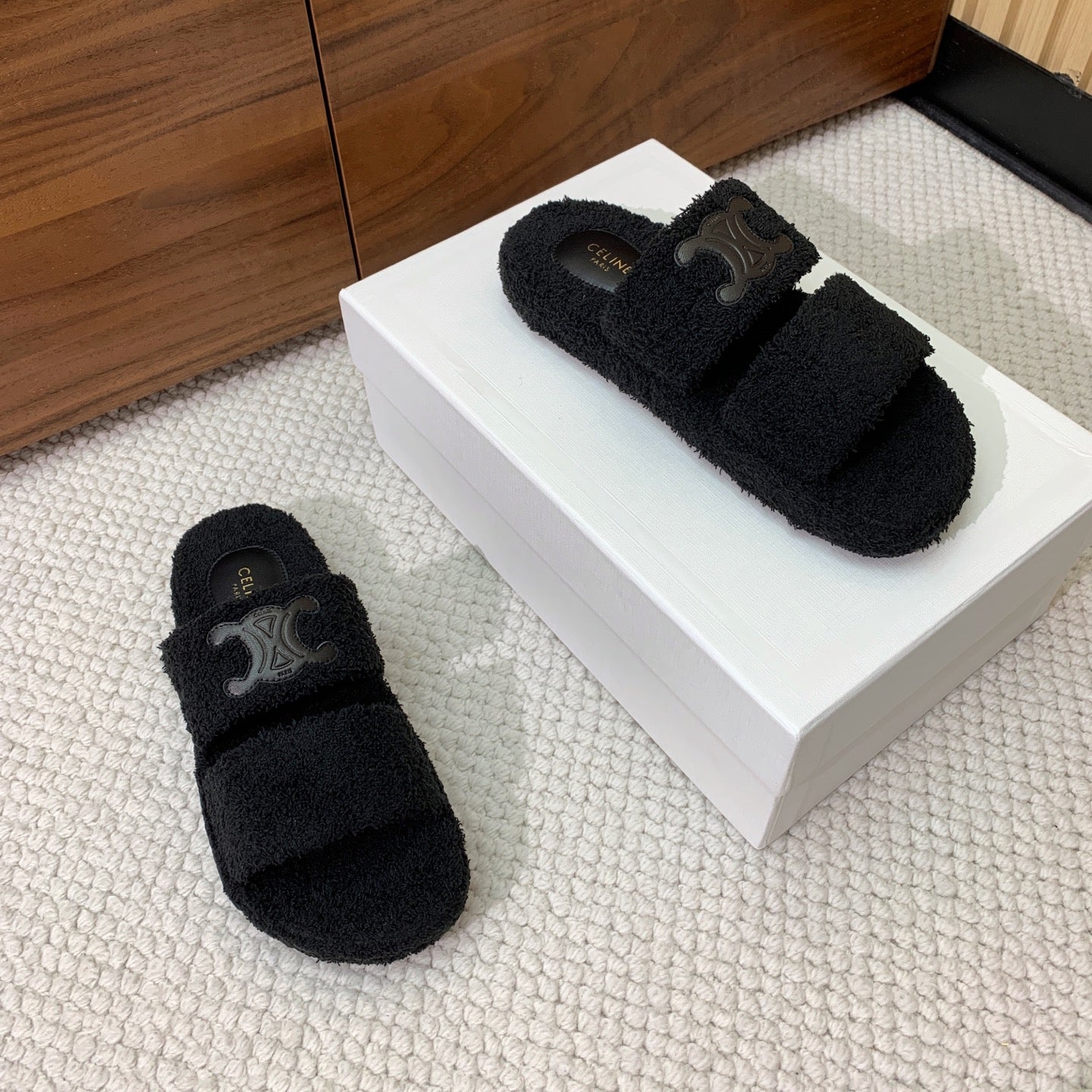 CELINE 26S TWO-STRAP SANDALS IN BLACK WOOL