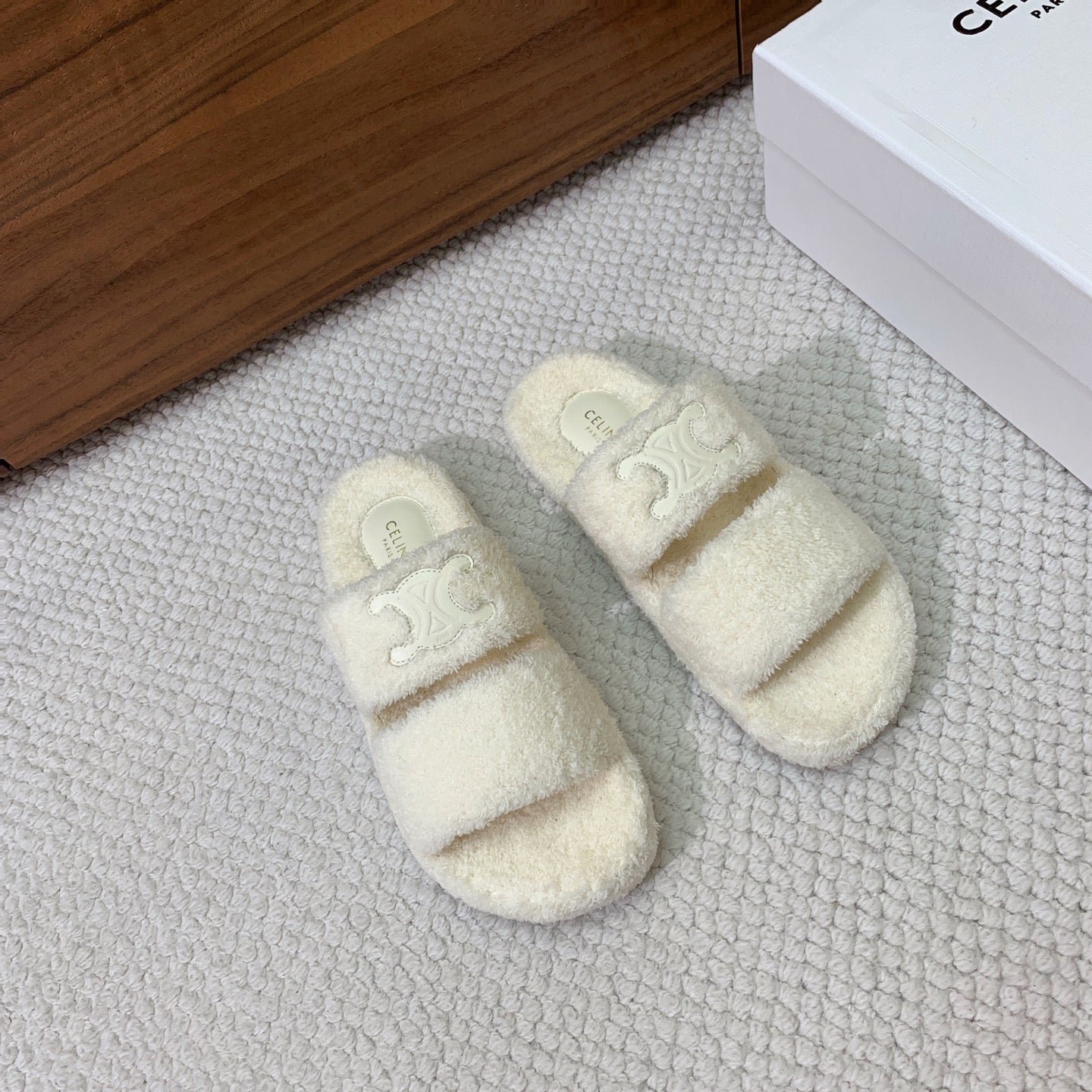 CELINE 26S TWO-STRAP SANDALS IN WHITE WOOL