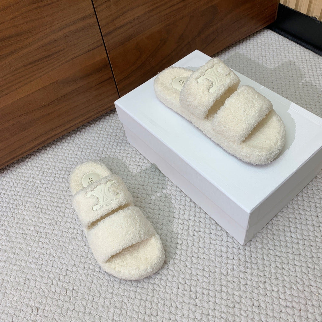 CELINE 26S TWO-STRAP SANDALS IN WHITE WOOL