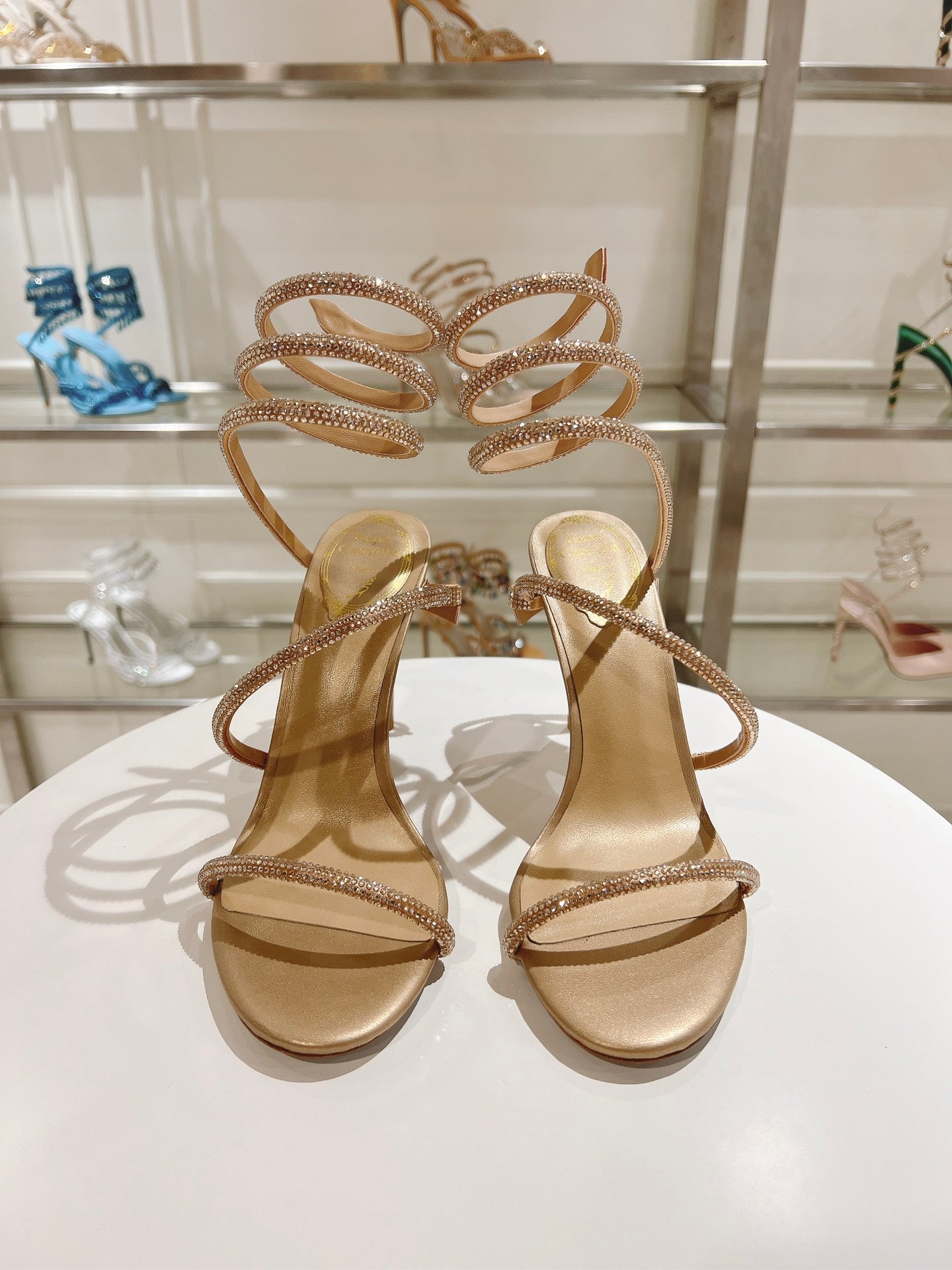RENE CAOVILLA HIGH HEELS 100MM IN GOLD CRYSTAL STRAP