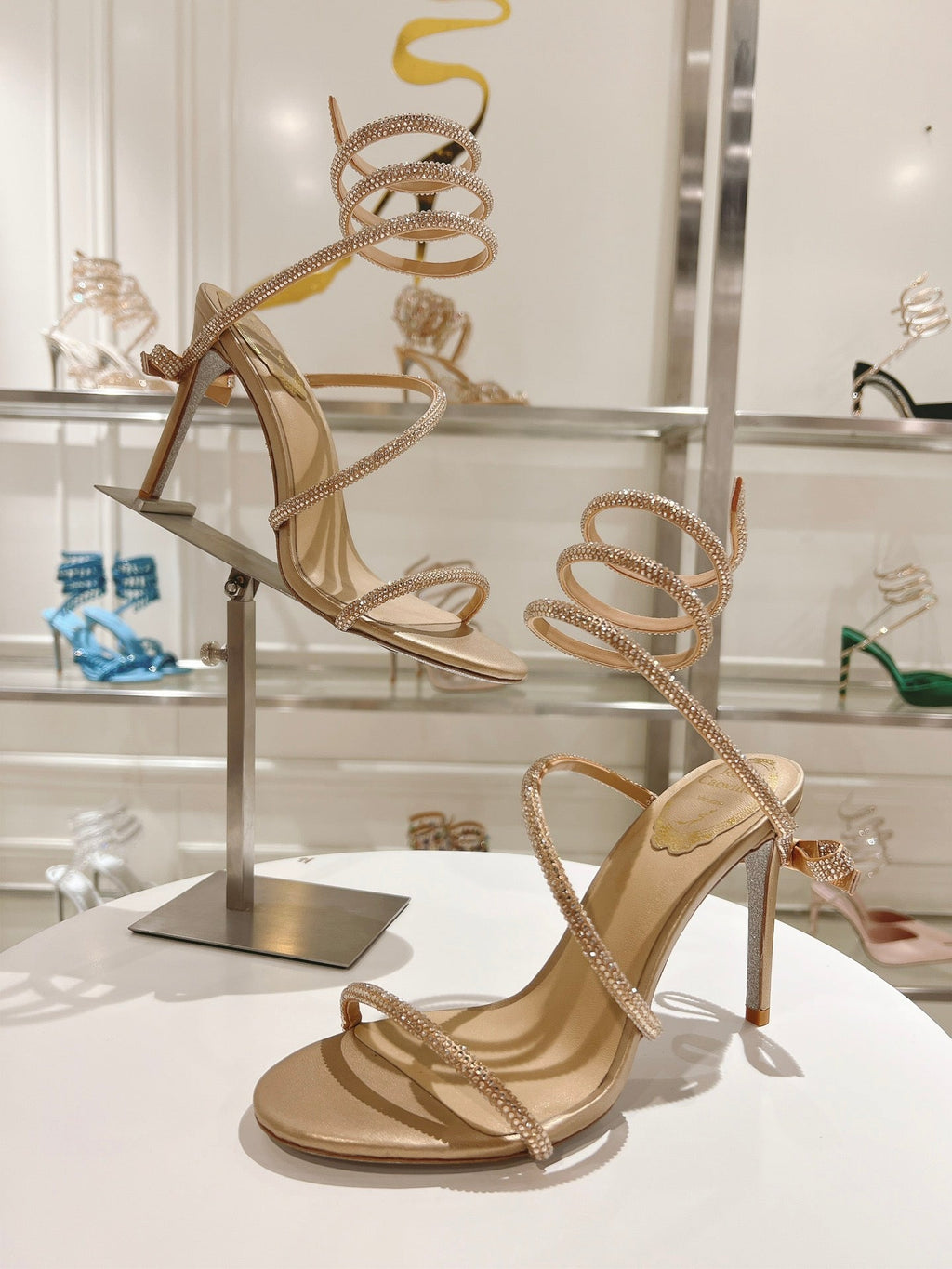 RENE CAOVILLA HIGH HEELS 100MM IN GOLD CRYSTAL STRAP