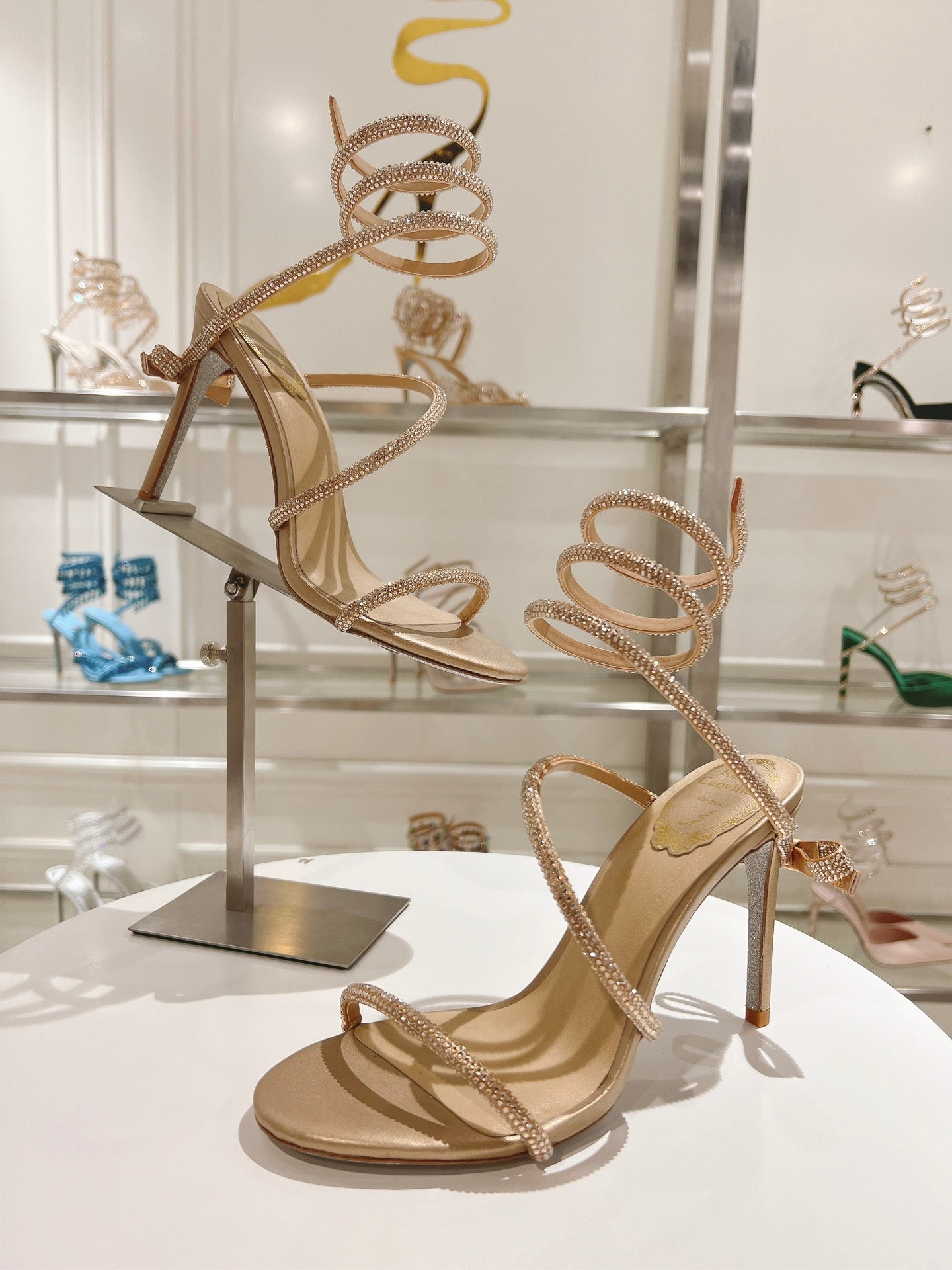 RENE CAOVILLA HIGH HEELS 100MM IN GOLD CRYSTAL STRAP