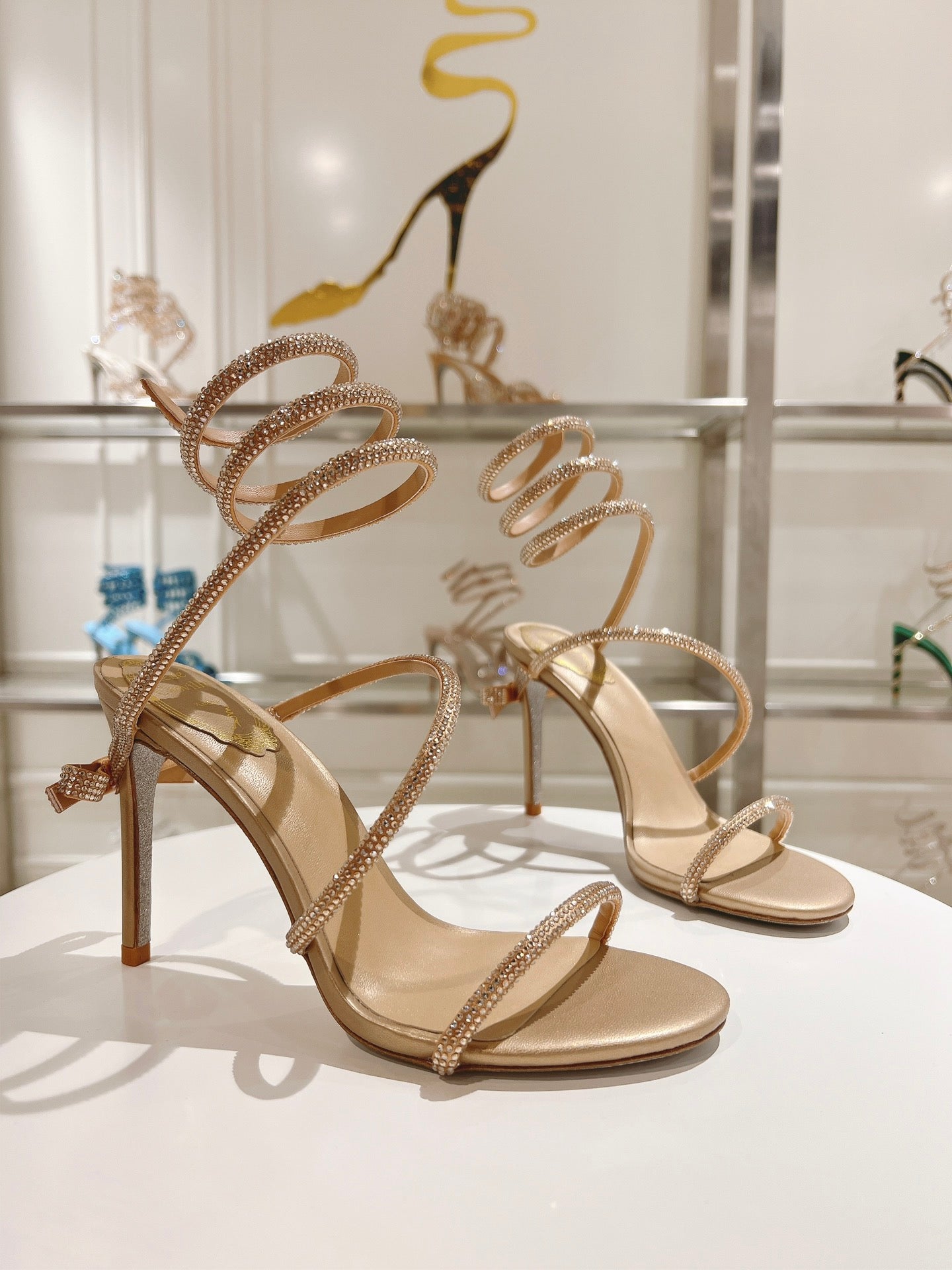 RENE CAOVILLA HIGH HEELS 100MM IN GOLD CRYSTAL STRAP