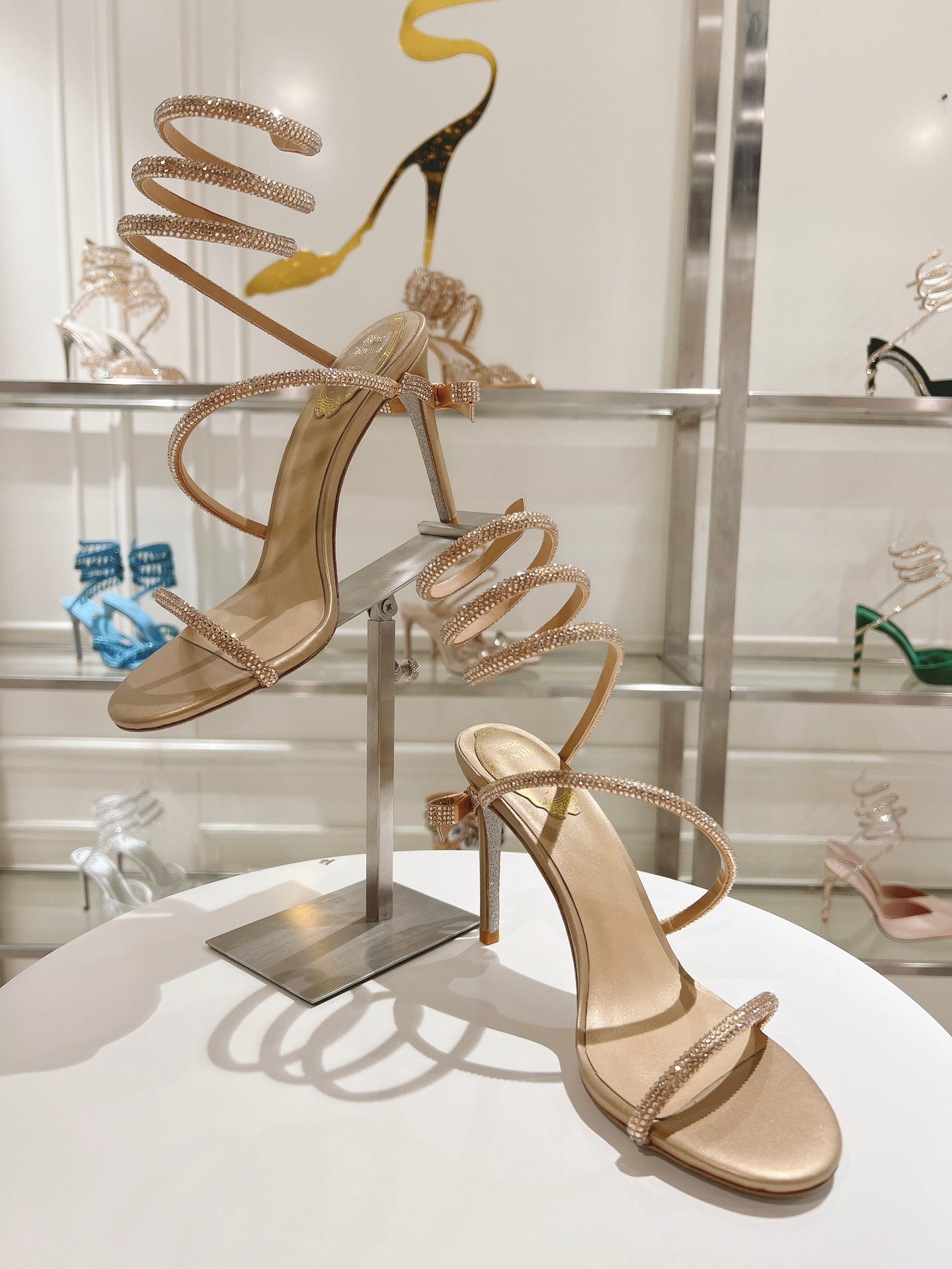 RENE CAOVILLA HIGH HEELS 100MM IN GOLD CRYSTAL STRAP
