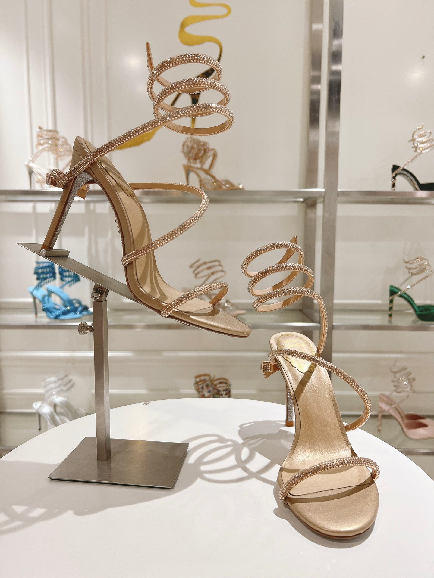 RENE CAOVILLA HIGH HEELS 100MM IN GOLD CRYSTAL STRAP