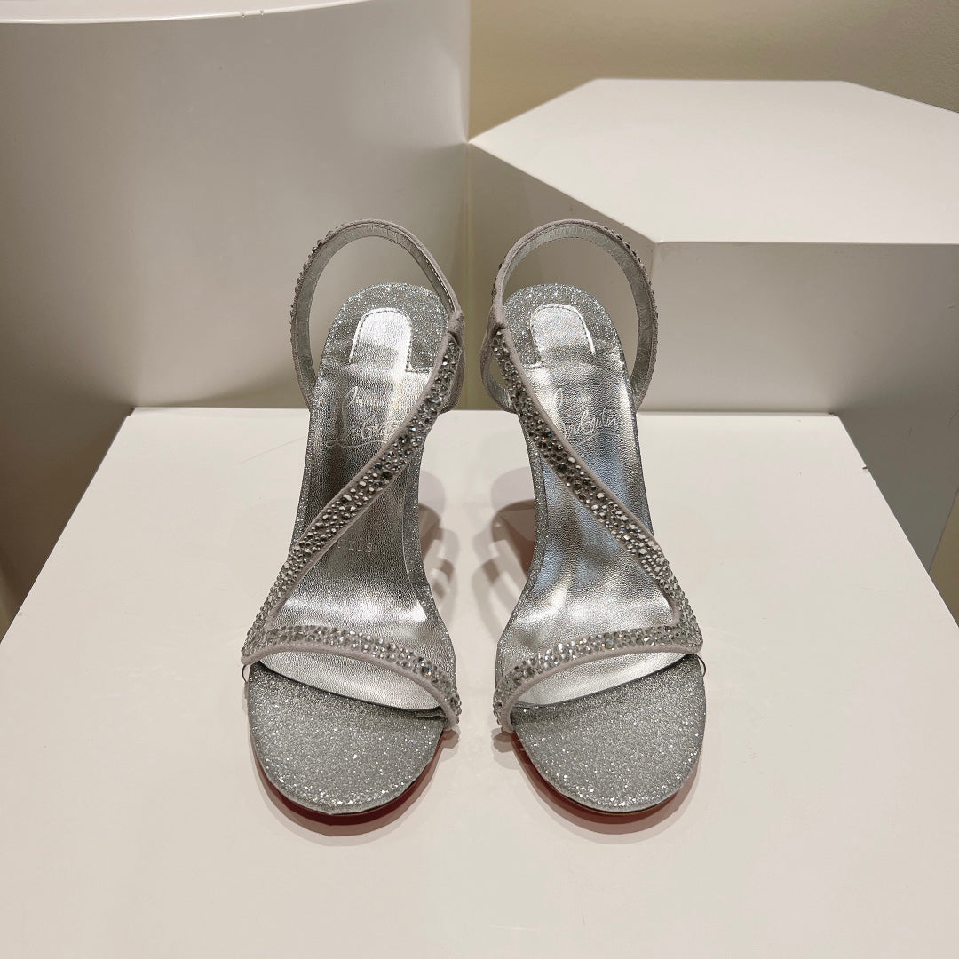 EMBELLISHED SANDAL 100MM IN SILVER MIX WHITE CALFSKIN
