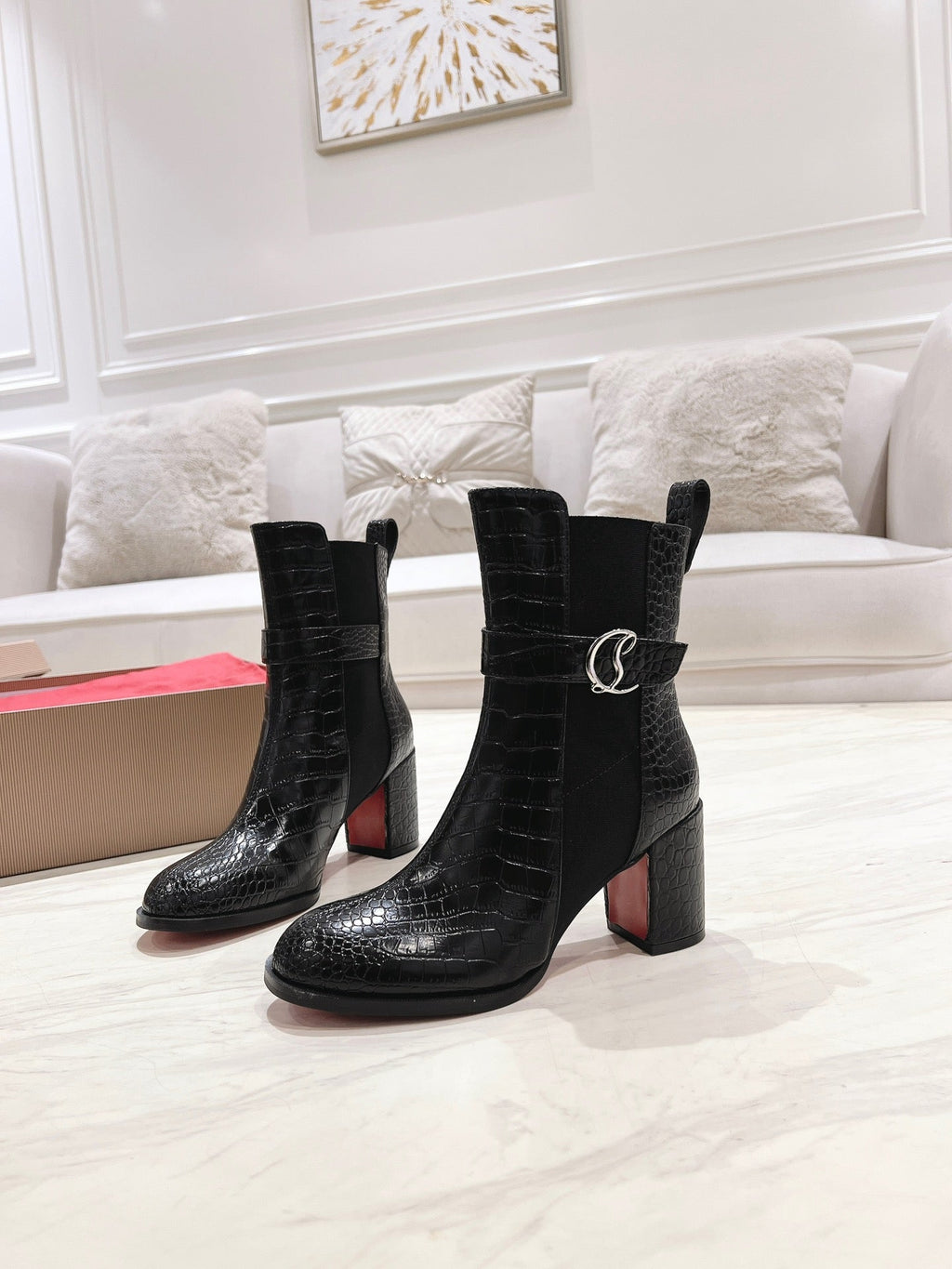 CL ANKLE BOOTS 70MM IN BLACK CROCODILE EMBOSSED CALFSKIN