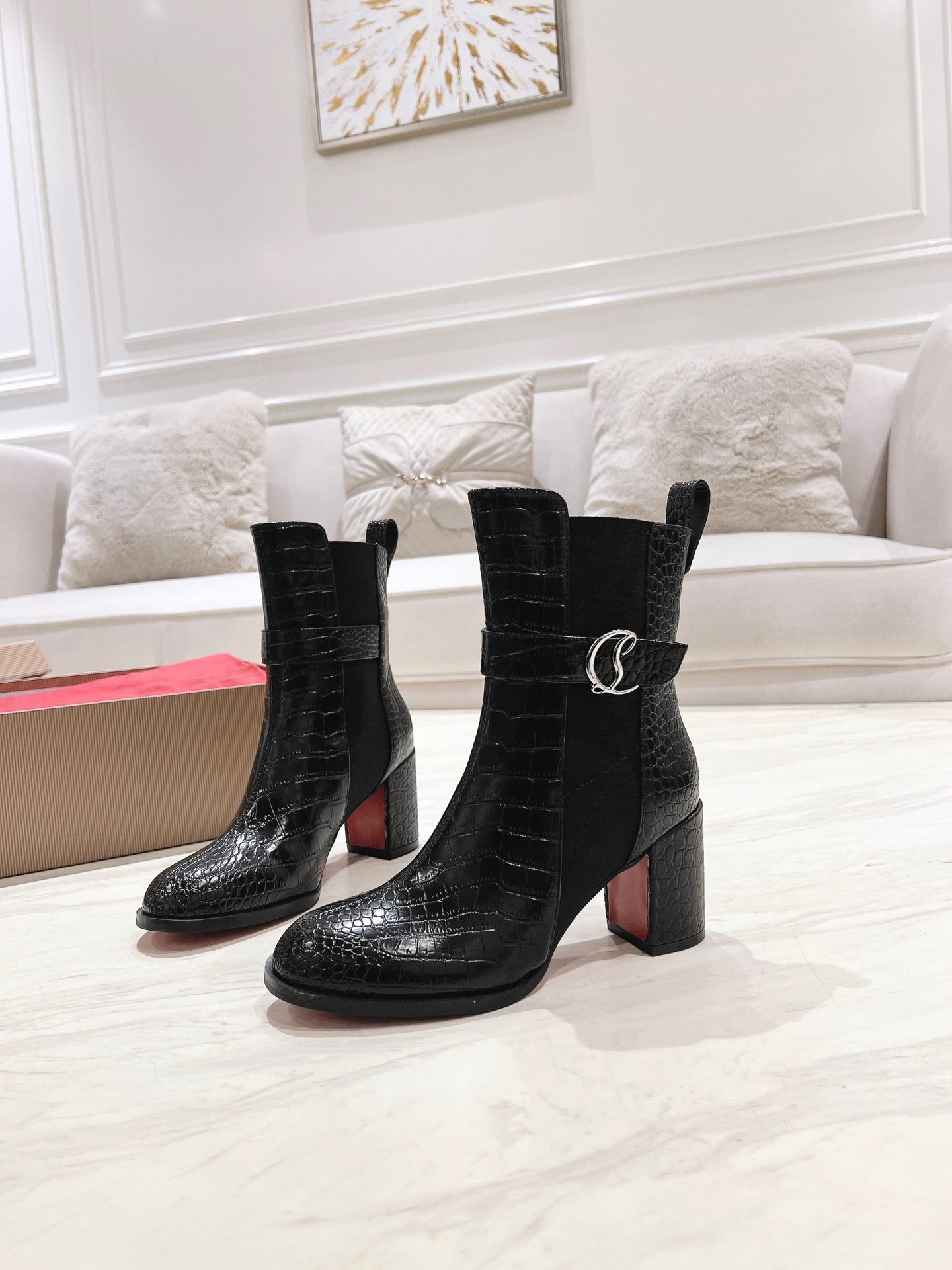 CL ANKLE BOOTS 70MM IN BLACK CROCODILE EMBOSSED CALFSKIN