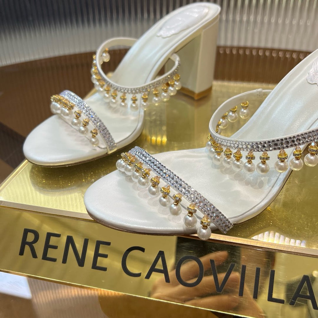 HIGH 95 MM BLOCK HEEL SANDAL IN WHITE GRAINY PEARLIZED LAMBSKIN