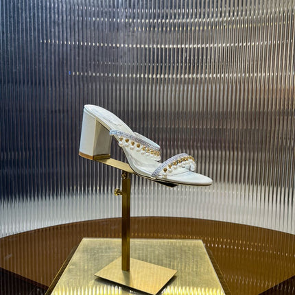 HIGH 95 MM BLOCK HEEL SANDAL IN WHITE GRAINY PEARLIZED LAMBSKIN